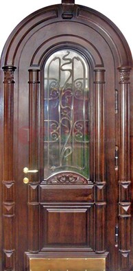 Арочная металлическая дверь массив со стеклом и ковкой ДА-50 в Тихвине