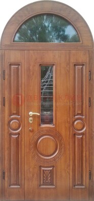 Двустворчатая железная дверь МДФ со стеклом в форме арки ДА-52 в Тихвине
