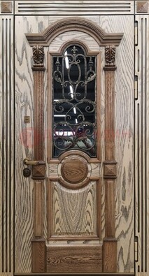 Железная дверь с массивом дуба со стеклом и ковкой ДМД-47 в Тихвине
