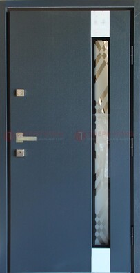 Серая стальная дверь с порошковым покрытием и стеклянной вставкой ДП-216 в Тихвине