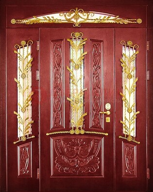 Бордовая железная парадная дверь со стеклом и ковкой ДПР-75 в Тихвине