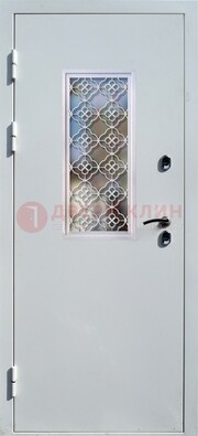 Серая металлическая дверь со стеклом и ковкой ДС-75 в Тихвине