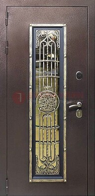 Железная дверь цвета медный антик со стеклом и ковкой ДСК-105 в Тихвине