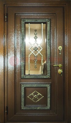 Теплая входная дверь со стеклом и ковкой разноцветной ДСК-13 в Тихвине