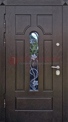 Металлическая дверь со стеклом и ковкой в цвете венге ДСК-142 в Тихвине