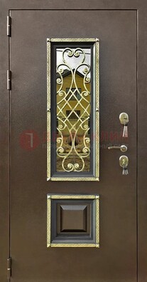 Входная дверь порошок со стеклом и ковкой для коттеджа ДСК-166 в Тихвине