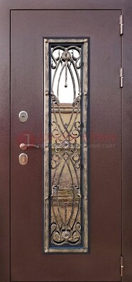 Коричневая стальная дверь порошок со стеклом и ковкой для дома ДСК-169 в Тихвине
