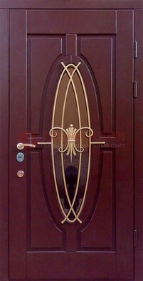 Бордовая стальная дверь Винорит со стеклом и ковкой ДСК-263 в Тихвине