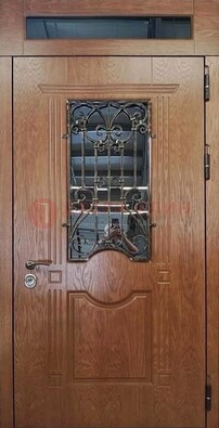 Металлическая входная дверь со стеклом и ковкой для дома ДСК-96 в Тихвине