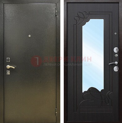 Железная темная дверь c порошковым напылением и МДФ с узором и зеркалом ДЗ-111 в Тихвине