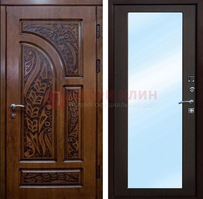 Коричневая входная дверь c узором и виноритом МДФ с зеркалом ДЗ-98 в Тихвине