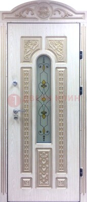 Белая железная дверь с МДФ и витражом ВЖ-26 в Тихвине