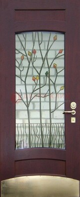 Бордовая стальная дверь с витражом и декоративным элементом ВЖ-3 в Тихвине